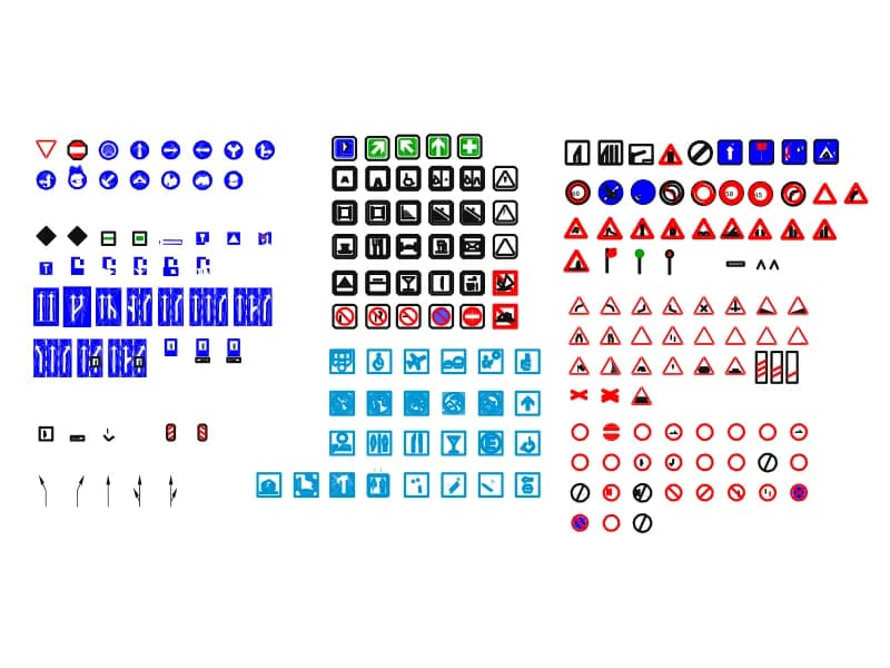 Sheet of over 200 road traffic sign symbols in warning, prohibition and information groups