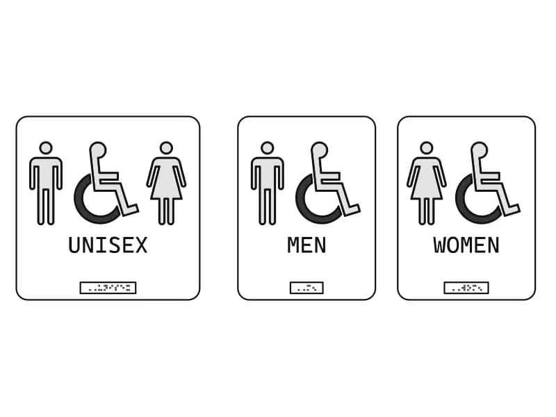 Three restroom door sign CAD blocks labelled Unisex, Men and Women with pictograms