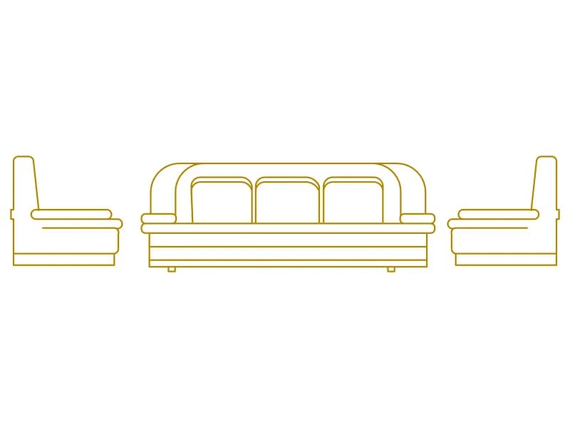 Front elevation CAD drawing of a three-seater sofa with an armchair in profile at each side
