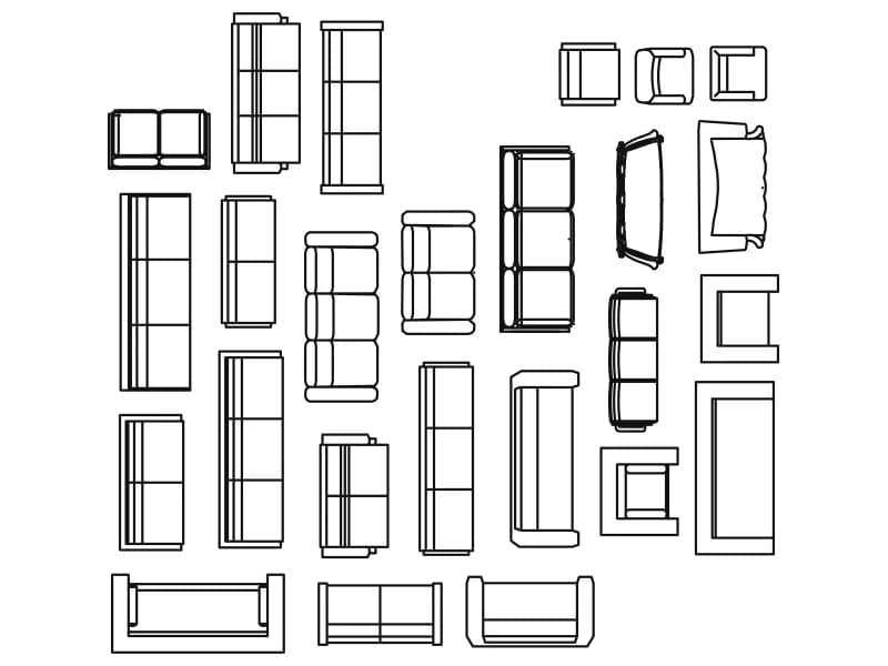 Sheet of twenty-five catalogue-numbered sofa and armchair plan CAD blocks