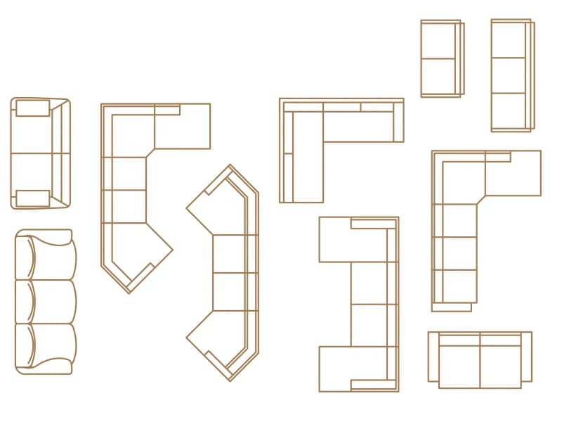Sheet of ten plan-view sofa and corner sectional CAD blocks