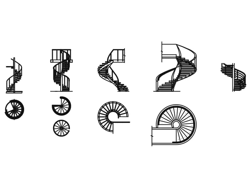 十个盘旋楼梯 CAD 图块：五个带栏杆的立面图和五个楼梯平面图