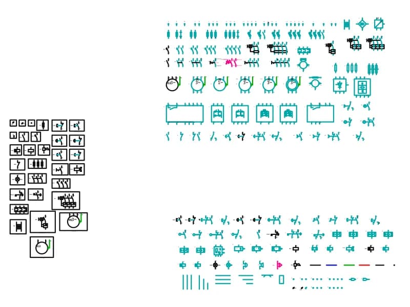 Template of sixty-two motor control electrical symbols with Spanish captions