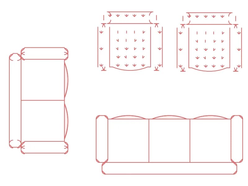 Plan CAD blocks of a textured three-seater, two-seater and two armchairs with hatched cushions