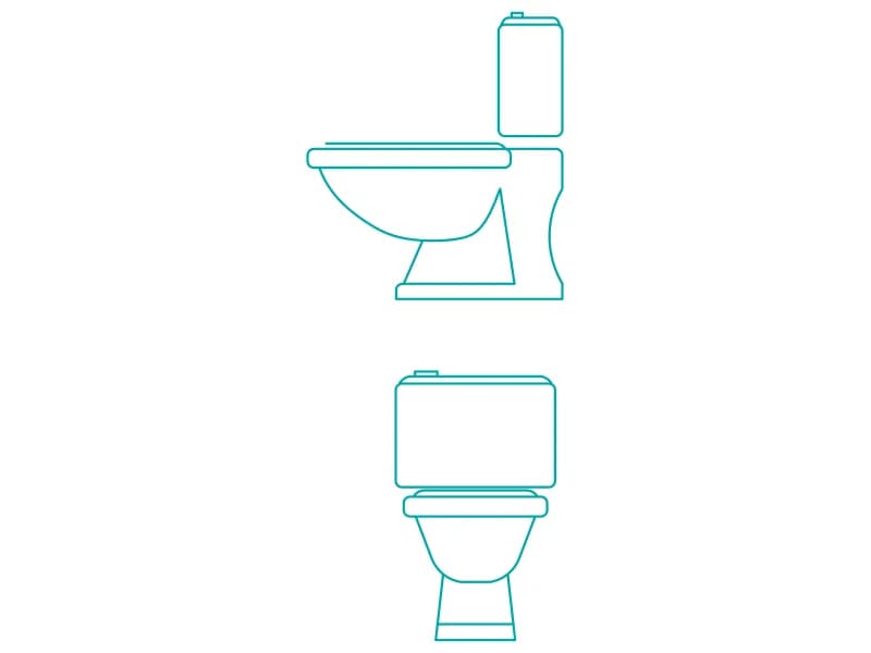 Toilet CAD block shown in side elevation and front elevation with cistern