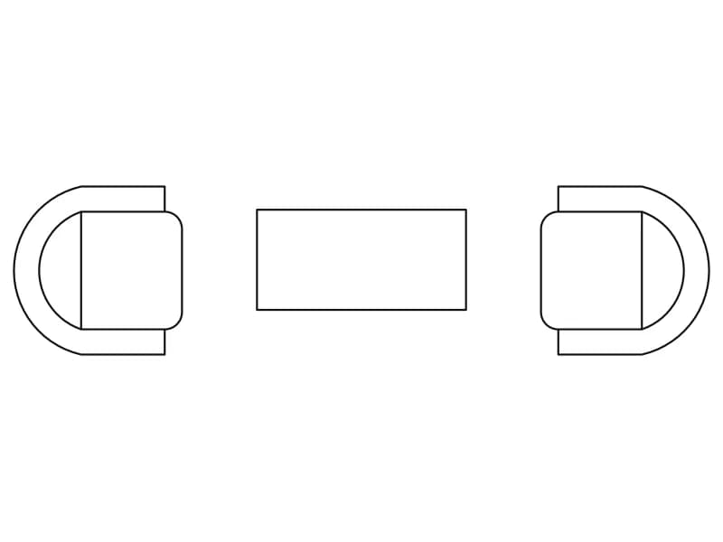 Plan CAD block of two D-shaped tub armchairs facing across a rectangular coffee table
