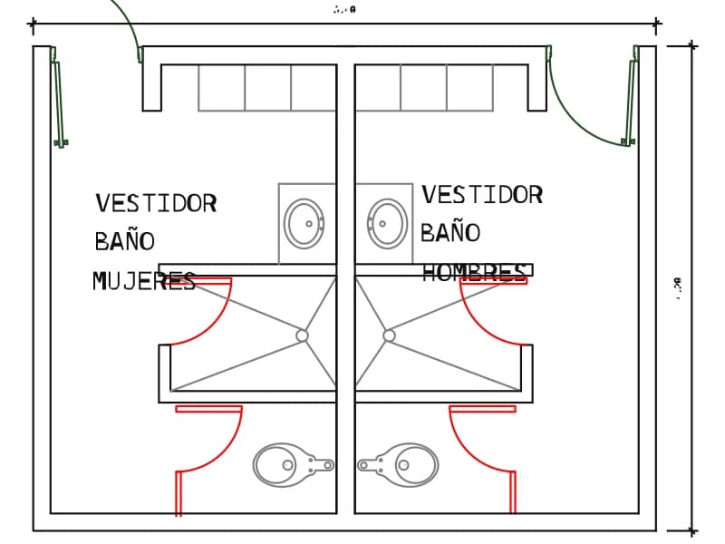 Plan of mirrored staff changing rooms with lockers, shower, WC and washbasin
