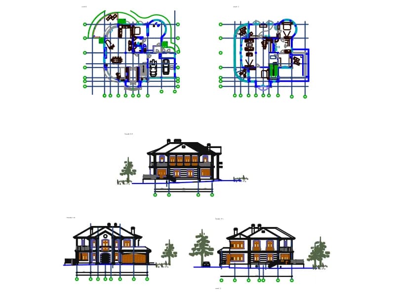 Two floor plans and three facades of a two-storey villa with trees and cars
