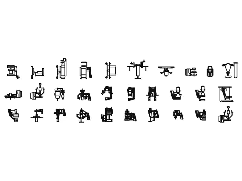 Thirty gym weight machines drawn as plan views, including chest press, leg press and cable crossover
