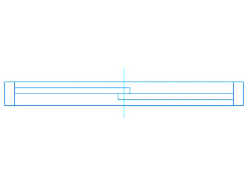 بلوك CAD في المسقط الأفقي لنافذة منزلقة بإطار نحيف مع ضلفتين متداخلتين خارج المركز