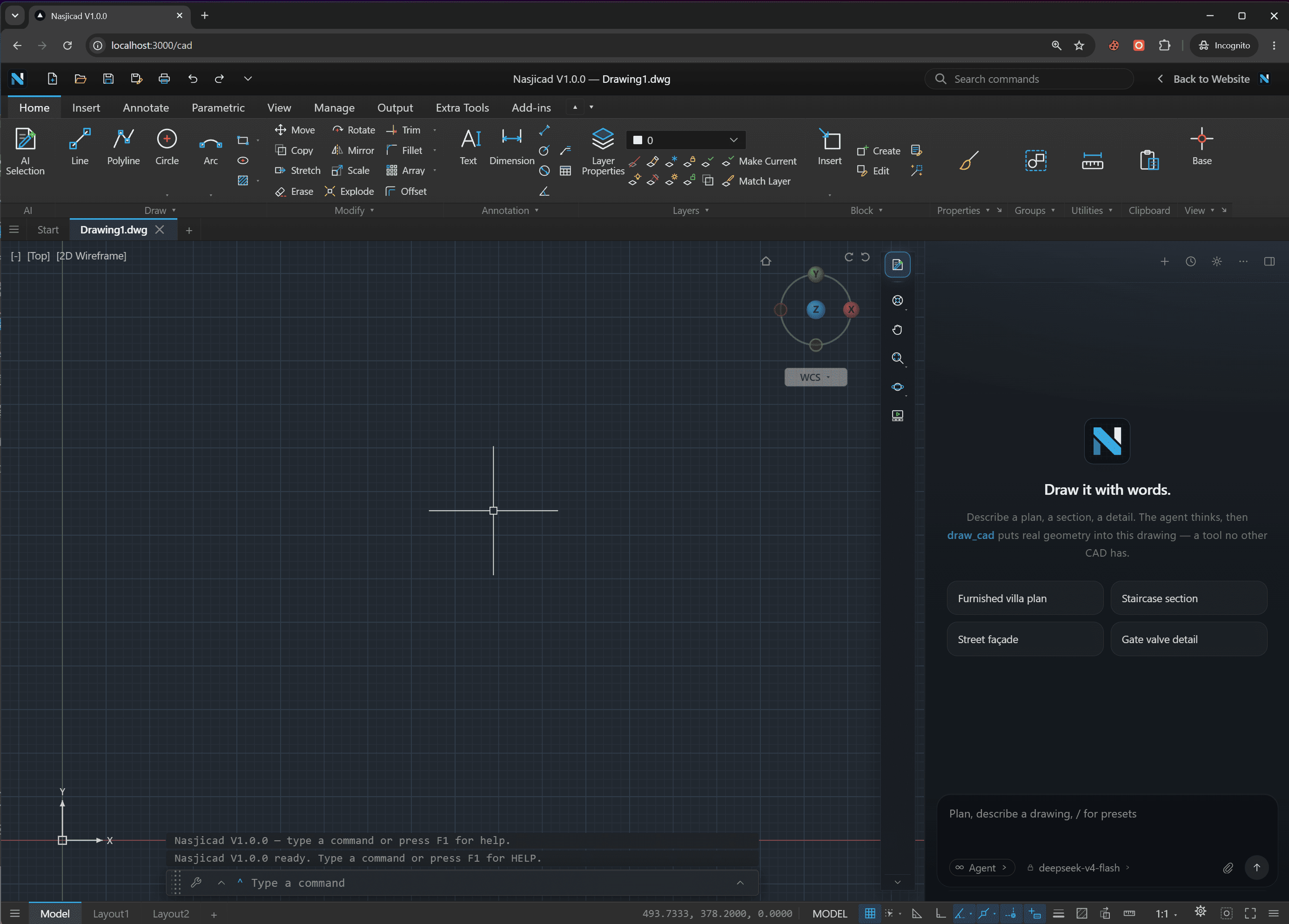 تطبيق NASJI CAD للويب مع مخطط أرضي مفتوح، يُظهر الطبقات وسطر الأوامر
