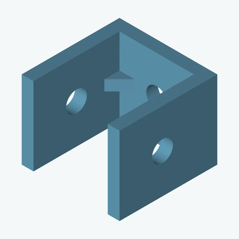 C-channel bracket: base leg 25.01 mm, vertical leg 25 mm, 20 mm wide, 3 mm thick; 1 × Ø5.3 mm hole per leg; 2.7 mm corner gusset — 1968