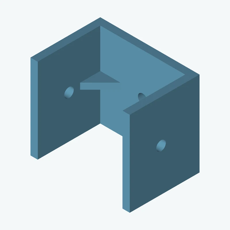 C-channel bracket: base leg 55.33 mm, vertical leg 38.9 mm, 47.29 mm wide, 4 mm thick; 1 × Ø5.3 mm hole per leg; 3.4 mm corner gus — 2633