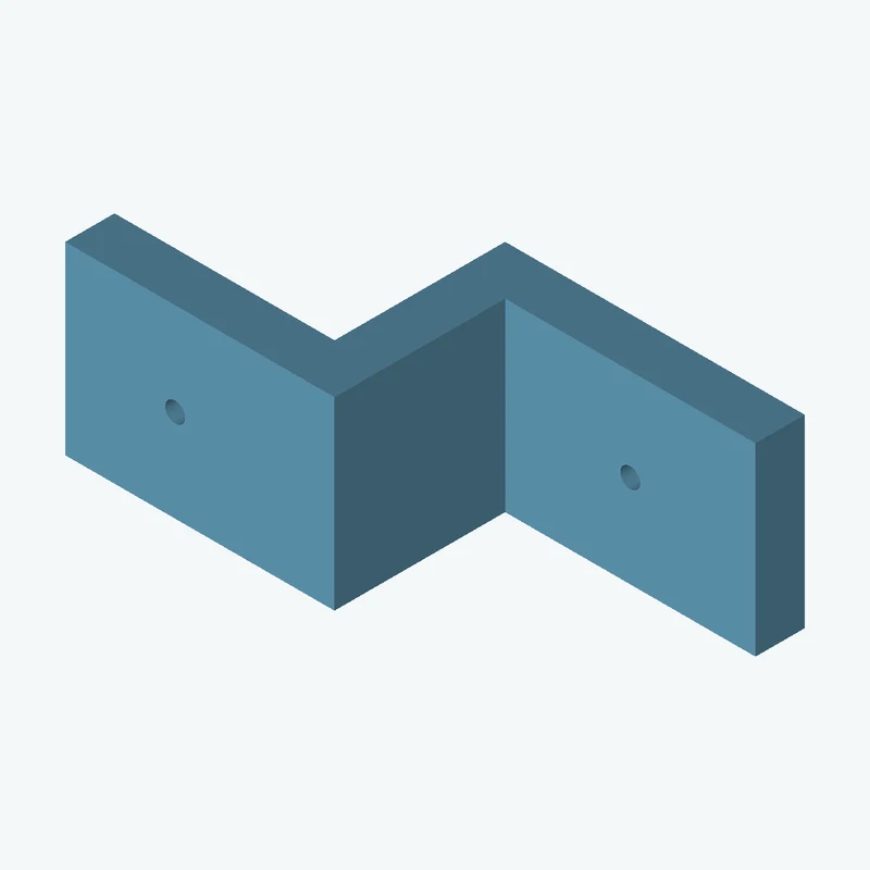 Z-bracket: base leg 48.63 mm, vertical leg 35.7 mm, top leg 43.7 mm, 30 mm wide, 8 mm thick; 1 × Ø3.2 mm hole per leg; 8.6 mm corn — 2723