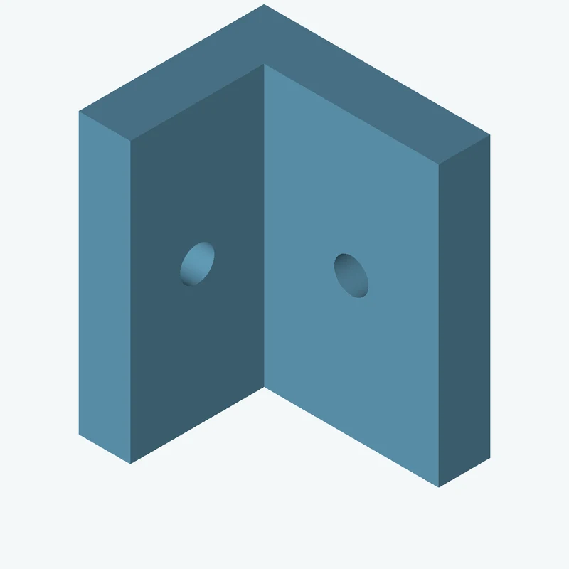 L-bracket: base leg 35 mm, vertical leg 28.7 mm, 43.31 mm wide, 8 mm thick; 1 × Ø5.3 mm hole per leg — 3082