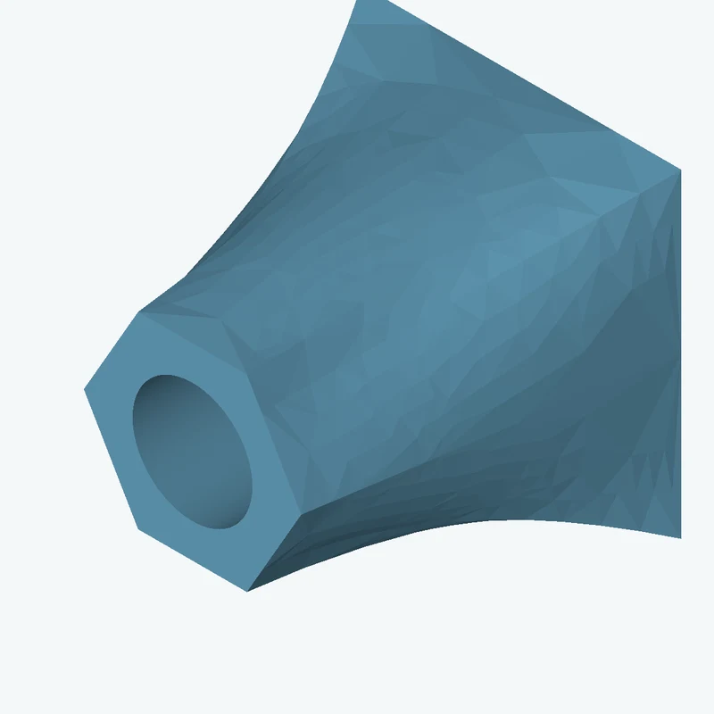 Lofted body through 3 sections: 55 × 55 mm rectangular section → Ø46.2 mm circular section → 6-sided polygon section, 37.4 mm acro — 3309